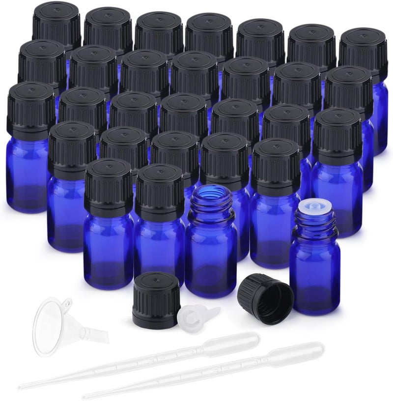 30 Pcs 5ml/0.17oz Cobalt Blue Glass Bottle Refillable Essential Oil Bottles with Orifice Dropper Reducer & Black Cap for Perfume Fragrance Liquid Cosmetic - Image 1