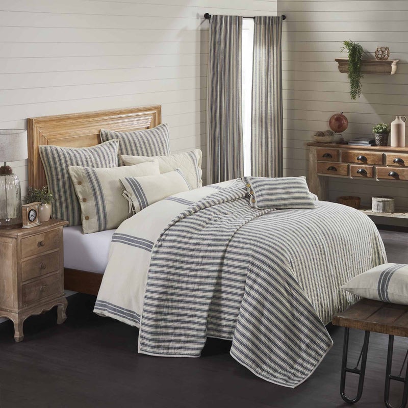 Piper Classics Piper Classics Blue and Cream Cotton Quilt LUX King Blanket with Hand Quilted Grain Sack Stripe Vintage Farmhouse Decor 