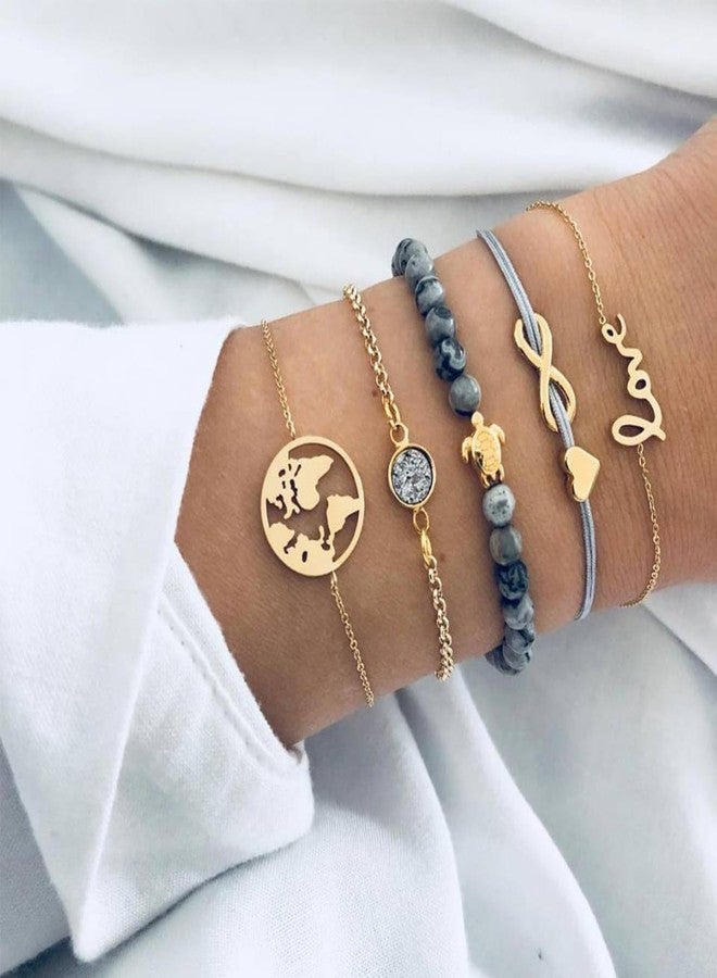 FUTIMELY Boho Layered Beaded Bracelets Set for Women Adjustable Waterproof Handmade with Love Map Turtle Pineapple Bracelet Y2K Aesthetic Beach Jewelry (Style-B) - Image 2