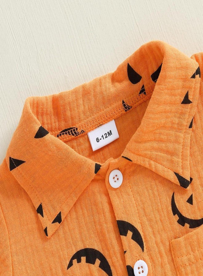 fyclemt Toddler Baby Girl Boy Halloween Pajamas Pumpkin Cotton Linen Long Sleeve Button Shirt Top Pants Kids Sleepwear Pjs (Orange Halloween Pumpkin Face, 3-4 Years) - Image 5