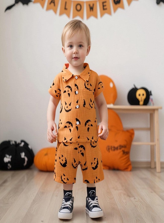 fyclemt Toddler Baby Girl Boy Halloween Pajamas Pumpkin Cotton Linen Long Sleeve Button Shirt Top Pants Kids Sleepwear Pjs (Orange Halloween Pumpkin Face, 3-4 Years) - Image 2