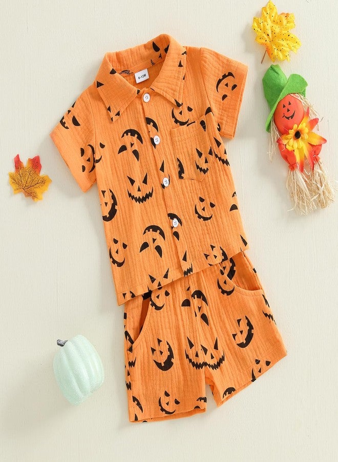 fyclemt Toddler Baby Girl Boy Halloween Pajamas Pumpkin Cotton Linen Long Sleeve Button Shirt Top Pants Kids Sleepwear Pjs (Orange Halloween Pumpkin Face, 3-4 Years) - Image 3