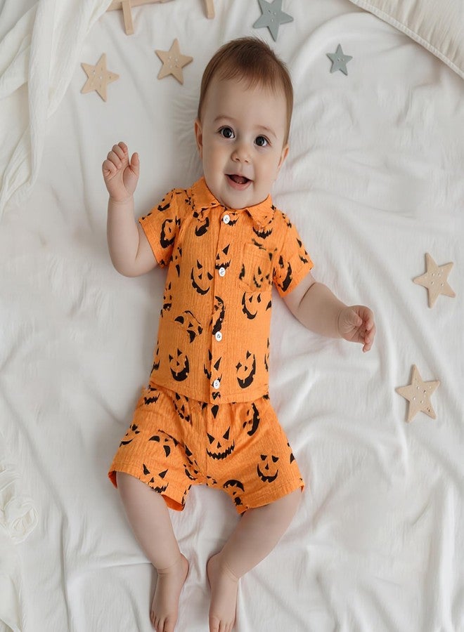 fyclemt Toddler Baby Girl Boy Halloween Pajamas Pumpkin Cotton Linen Long Sleeve Button Shirt Top Pants Kids Sleepwear Pjs (Orange Halloween Pumpkin Face, 3-4 Years) - Image 4