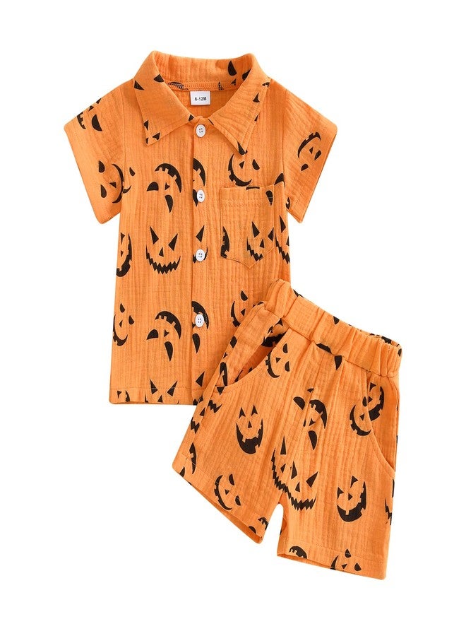 fyclemt Toddler Baby Girl Boy Halloween Pajamas Pumpkin Cotton Linen Long Sleeve Button Shirt Top Pants Kids Sleepwear Pjs (Orange Halloween Pumpkin Face, 3-4 Years) - Image 1