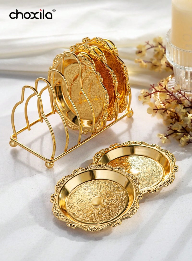choxila 6pcs/set Metal Trays with Rack,Round Coasters with Stand,Decorative Plates with Holder,Cake Fruit Dessert Nut Mini Tray,Desktop Metal Cup Mats, for Bar,Home, Kitchen,Coffee Table Decoration - Image 2