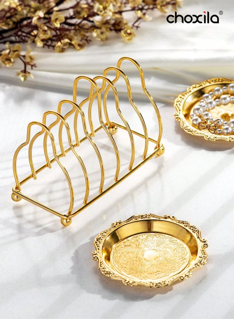 choxila 6pcs/set Metal Trays with Rack,Round Coasters with Stand,Decorative Plates with Holder,Cake Fruit Dessert Nut Mini Tray,Desktop Metal Cup Mats, for Bar,Home, Kitchen,Coffee Table Decoration - Image 3