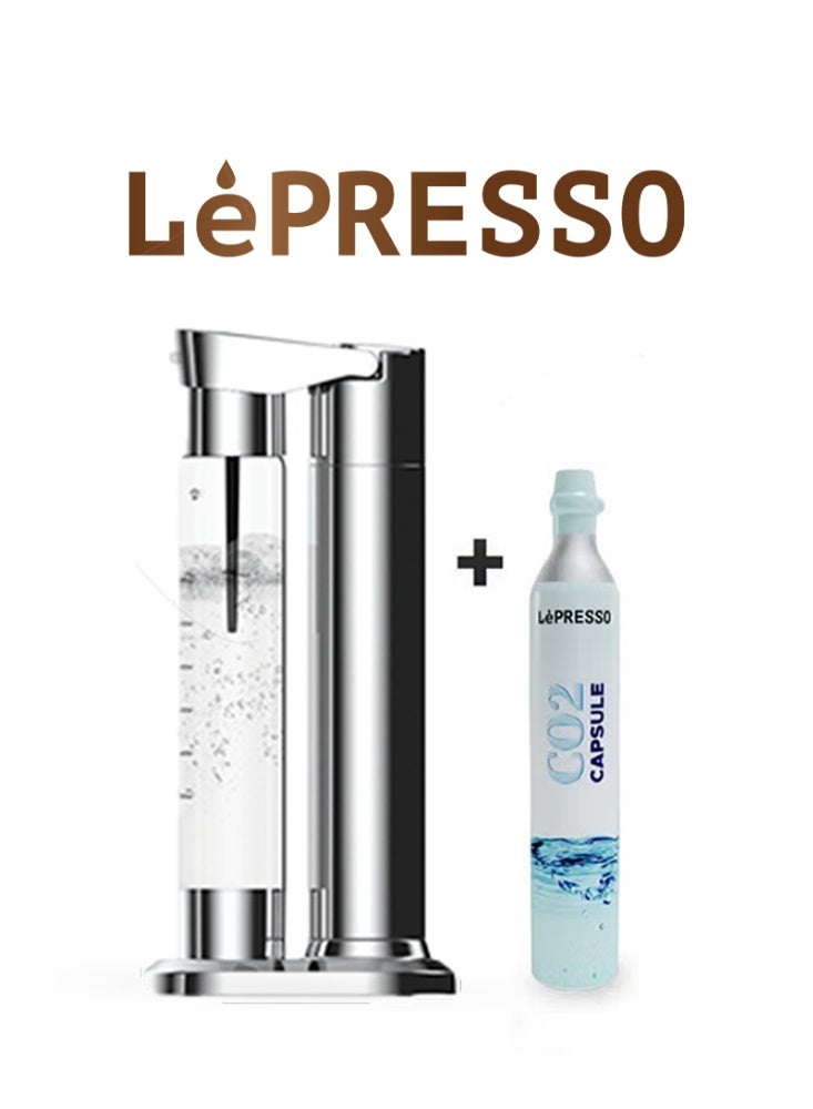 LePRESSO Sparkling Water Maker with 1+ Capsules & Slow-Fast Releasing System / Dual Bottle Support 500ml-350ml / Explosion-Proof Pet BPA Free / Co2 Chargers / CO2 Capsule Compatible / Easy to Clean - Silver - Image 1