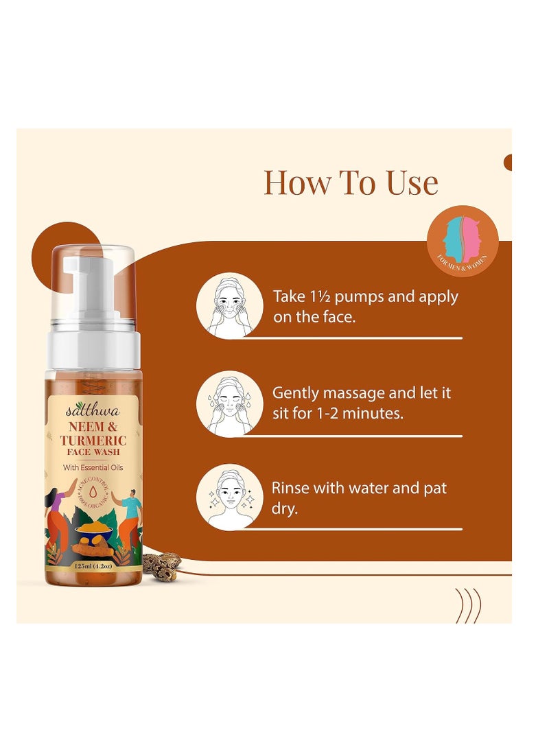 Satthwa Neem Turmeric Face Wash for Acne Pimples with Turmeric Extract Neem Leaf Extract Oil Control Cleanses and Soothes Skin Reduce Dark Spot for Glowing Skin 125 ml