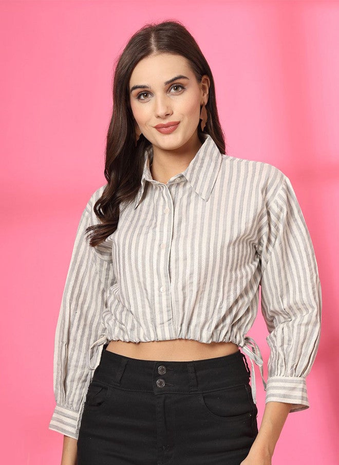 PlusS بلوزة قطنية مخططة على شكل حرف A للنساء - Image 1