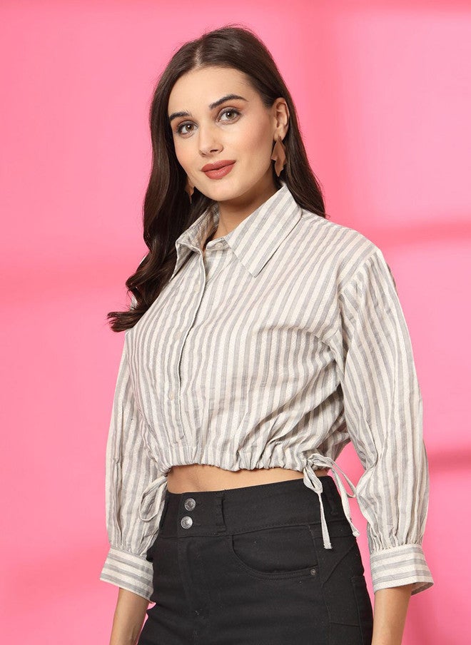 PlusS بلوزة قطنية مخططة على شكل حرف A للنساء - Image 4