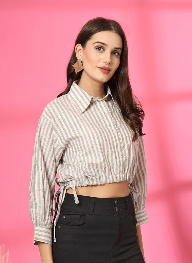 PlusS بلوزة قطنية مخططة على شكل حرف A للنساء - Image 3