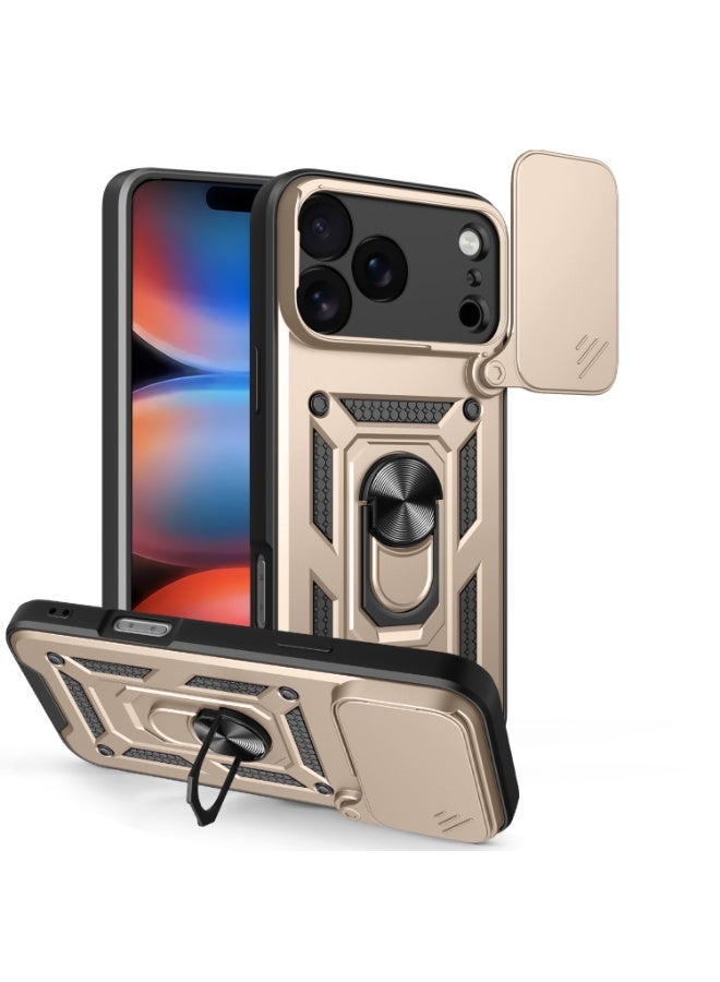 Shunjia Sliding Window Case, Shockproof Rugged Armor with Sliding Camera Cover & 360° Ring Kickstand, Compatible with Apple iPhone 17 Pro Max (Gold)
