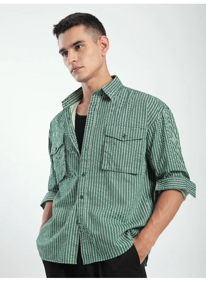 بيونغ Cadet Blue Herringbone Striped Overshirt