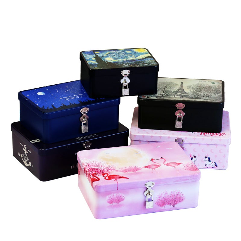 Factory Rectangular Tinplate Box With Lock Large Metal Vintage Storage Box Gift Packaging - Image 2