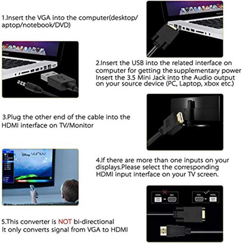 Generic VGA to HDMI Adapter, Converter Male to Female with 3.5MM Audio Jack Full HD 1080P for Connecting Monitor PC Laptop Computer Desktop HDTV Projector DVD Large Screen Office Meeting - Image 3