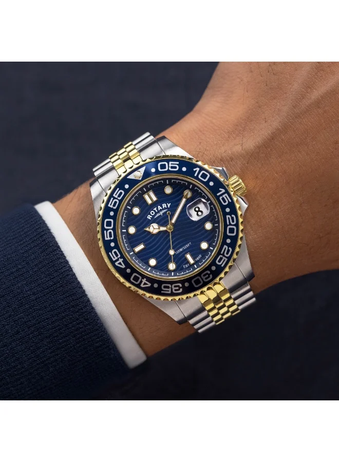 Rotary  Rotary Men's Apex 100 Blue Dial Silver & Gold Plated Stainless Steel Bracelet Watch - RGB10018/05 for Men | Best Price UAE