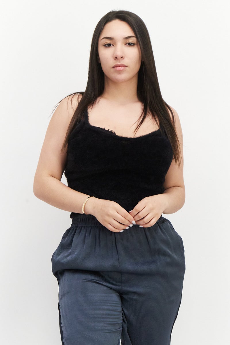 Misfit Women V-Neck Sleeveless Textured Tank Top, Black - Image 1