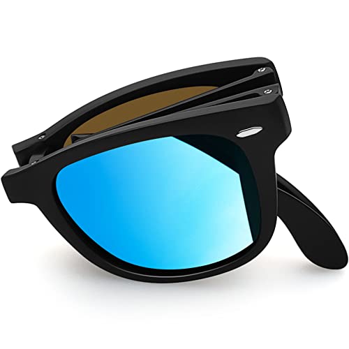 Joopin Square Folding Sunglasses Polarized UV Protection Fold Up Sun Glasses Foldable Shades for Women Men (Black Mirrored Blue) - Image 1