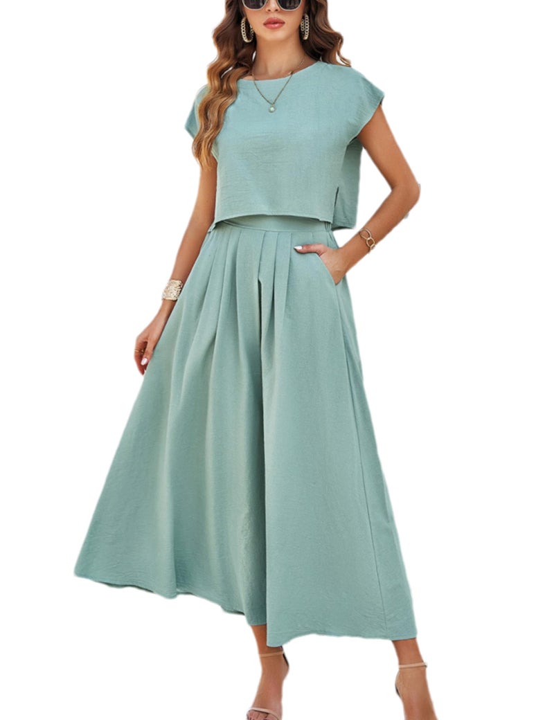 HangNiFang Summer Skirt Sets Women 2 Piece Outfits Cap Sleeve Top Elastic Waist Maxi Dress Sets with Pockets(1218-Green-XL) - Image 1