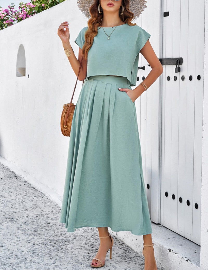 HangNiFang Summer Skirt Sets Women 2 Piece Outfits Cap Sleeve Top Elastic Waist Maxi Dress Sets with Pockets(1218-Green-XL) - Image 4