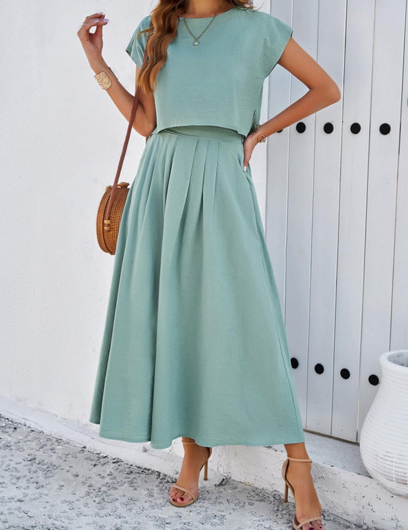 HangNiFang Summer Skirt Sets Women 2 Piece Outfits Cap Sleeve Top Elastic Waist Maxi Dress Sets with Pockets(1218-Green-XL) - Image 5