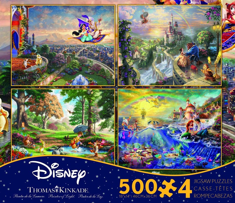 Ceaco - 4 in 1 Multipack - Thomas Kinkade - Disney Dreams Collection - Aladdin, Winnie the Pooh, Beauty & the Beast, & The Little Mermaid - (4) 500 Piece Jigsaw Puzzles - Image 1