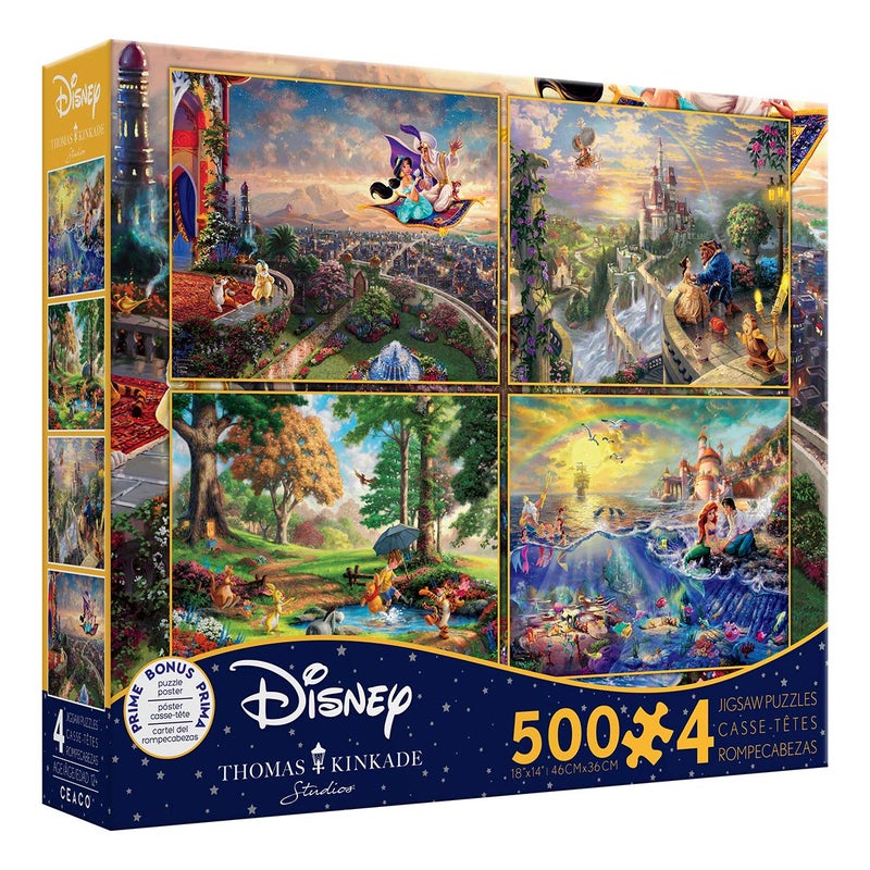 Ceaco - 4 in 1 Multipack - Thomas Kinkade - Disney Dreams Collection - Aladdin, Winnie the Pooh, Beauty & the Beast, & The Little Mermaid - (4) 500 Piece Jigsaw Puzzles - Image 4
