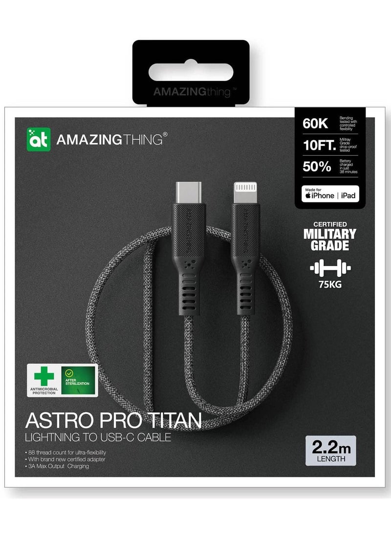 Astro Pro Titan USB-C to Lightning PD 3A Charging Cable 2.2 Meter Fast charge and Data Sync - Black