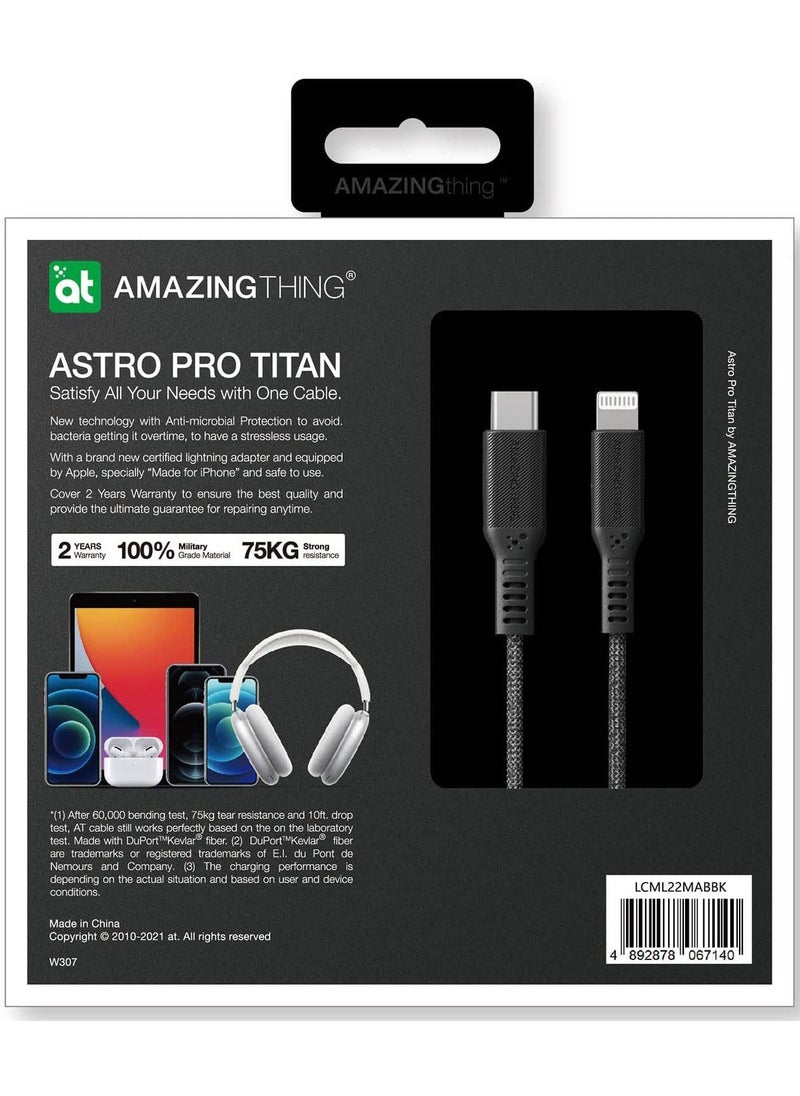 Astro Pro Titan USB-C to Lightning PD 3A Charging Cable 2.2 Meter Fast charge and Data Sync - Black