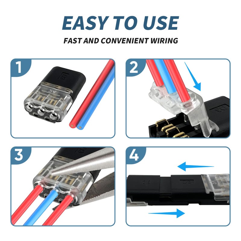 MateIJS 30PCS 3-Pin Double Wire Plug-in Connector with Locking Buckle, No-Stripping Quick Splice Clips for 22-18 AWG LED Strip Light & Electrical Cable, Tool-Free Fast Secure Connection - Image 4