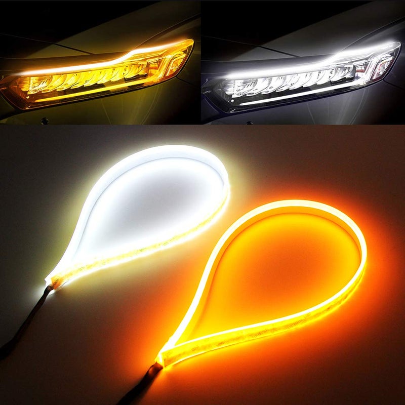 OPP ULITE White Amber Switchback Led Strip Lights, White DRL Amber Sequential Flowing Turn Signal Light, 114 PCS Led Chip Waterproof Car Flexible Tube Easy Paste Install, 2PC Pack