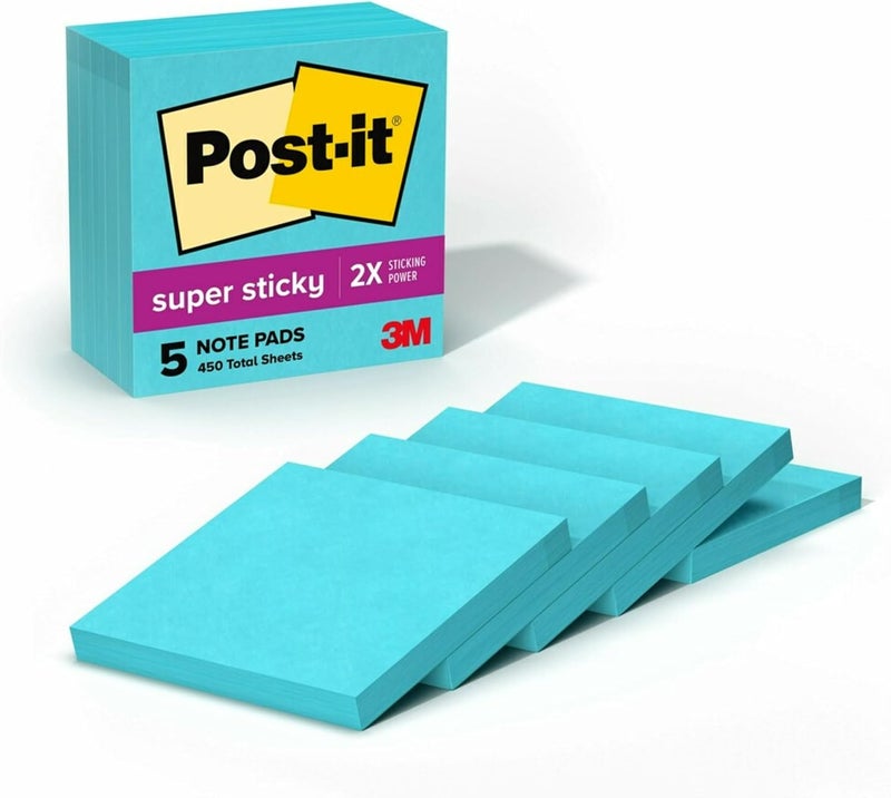Post It Super Sticky Notes, 5 Sticky Note Pads, 3 x 3 in., School Supplies, Office Products, Sticky Notes for Vertical Surfaces, Monitors, Walls and Windows, Aqua - Image 1