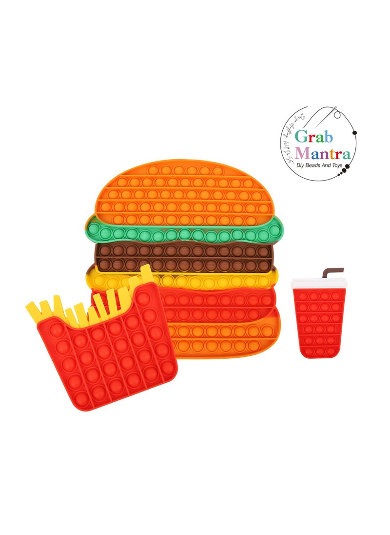 Grab Mantra - Fidget Hamburger +Fries +Cola Gift Set Of 3 Pcs Silicone Push Pop It Toy,  Bubble Sensory - Image 1