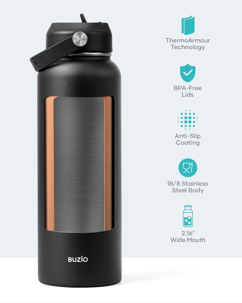 BUZIO 40oz Insulated Water Bottle, Triple Wall Vacuum Stainless Steel Water Flask with 2 lids, Lead-Free BPA-Free Straw Lid Sports Canteen Jug, Cold 48H & Hot 24H- Black - Image 4
