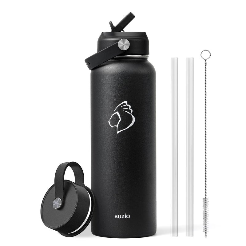 BUZIO 40oz Insulated Water Bottle, Triple Wall Vacuum Stainless Steel Water Flask with 2 lids, Lead-Free BPA-Free Straw Lid Sports Canteen Jug, Cold 48H & Hot 24H- Black - Image 1