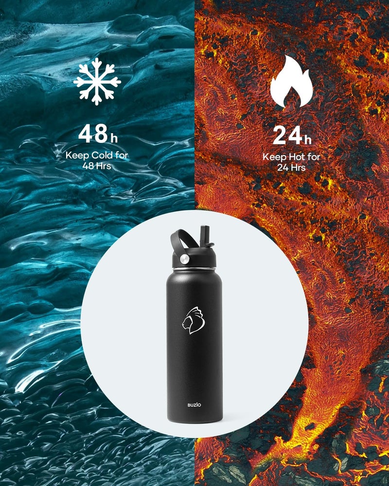 BUZIO 40oz Insulated Water Bottle, Triple Wall Vacuum Stainless Steel Water Flask with 2 lids, Lead-Free BPA-Free Straw Lid Sports Canteen Jug, Cold 48H & Hot 24H- Black - Image 2