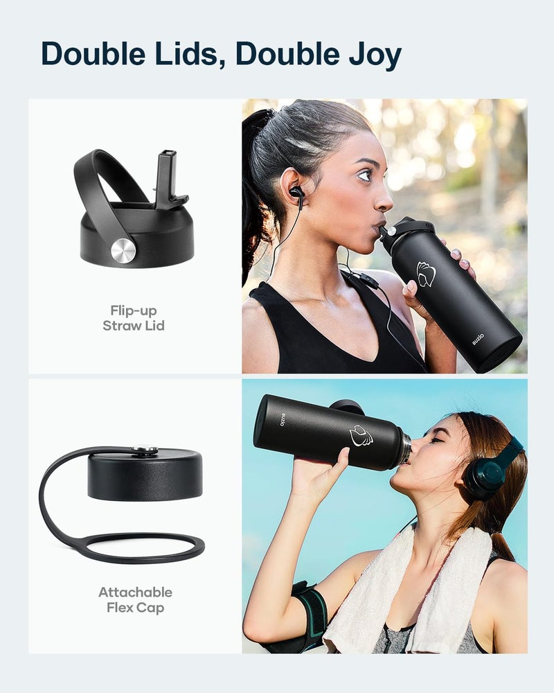 BUZIO 40oz Insulated Water Bottle, Triple Wall Vacuum Stainless Steel Water Flask with 2 lids, Lead-Free BPA-Free Straw Lid Sports Canteen Jug, Cold 48H & Hot 24H- Black - Image 3