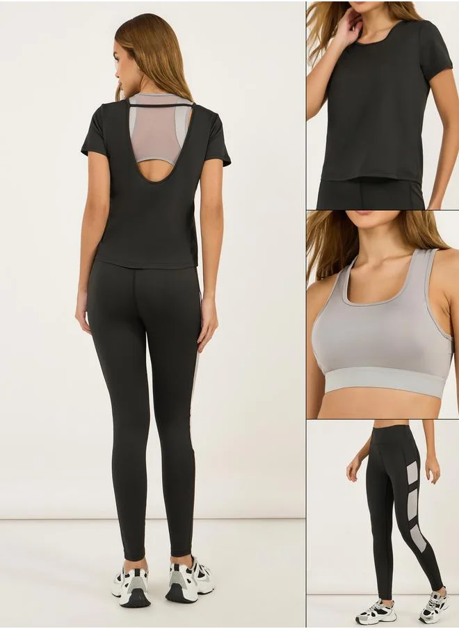 ستايلي Pack of 3 - Low Back Detail Top, Mesh Sports Bra & Contrast Panel Leggings