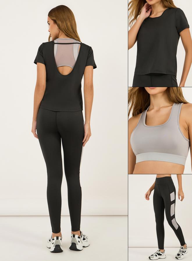 Styli Pack of 3 - Low Back Detail Top, Mesh Sports Bra & Contrast Panel Leggings - Image 1