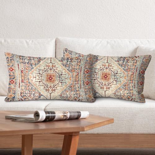 BUAEL Boho Throw Pillow Covers 12x20 inch Set of 2,Boho Vintage Carpet Pattern Antique Ethnic Decor Double Sided Pattern Cushion Cover Soft Pillow Case Living Sofa Room Bed Square Pillow Cover - Image 1