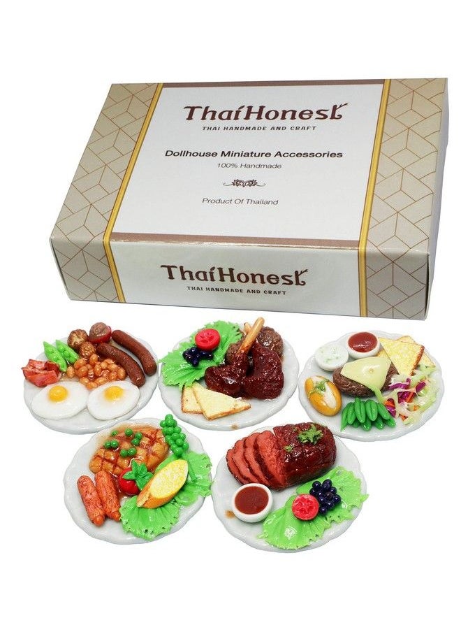 ThaiHonest Set 5 Assorted Dollhouse Miniature Food With Lamb Ribstiny Food On Ceramic Plate Dollhouse Accessories For Collectibles  - Image 1