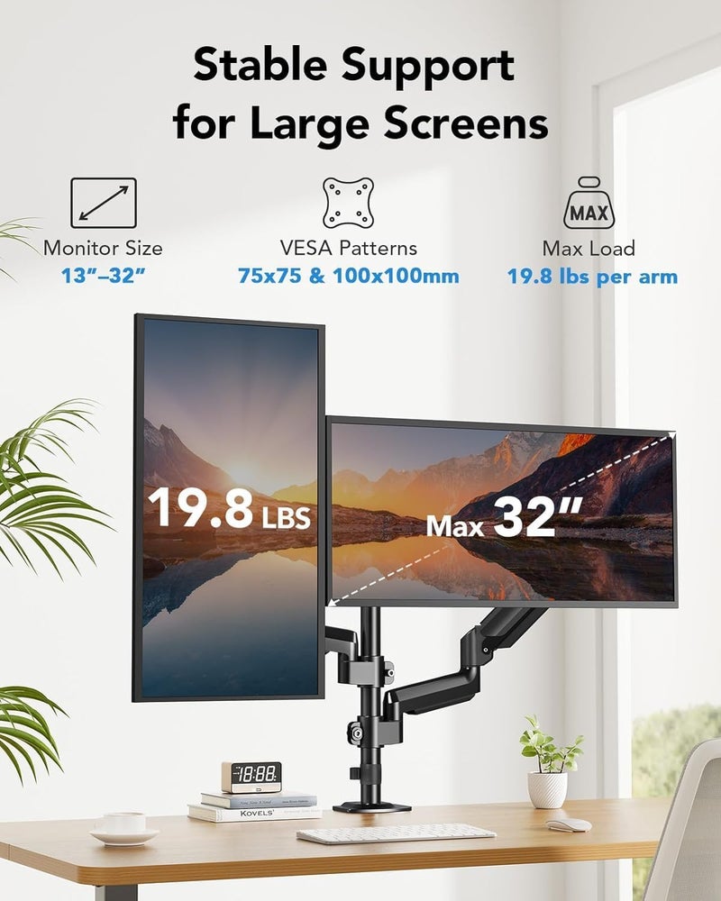 Bentifar Gas Spring Dual Monitor Stand, Holds 2 Computer Screens Up To 32 Inches And 9Kg Each, Vesa 75/100Mm, Sturdy Monitor Arm With +60° To -45° Tilt, ±180° Swivel, And Rotation, Black - Image 5