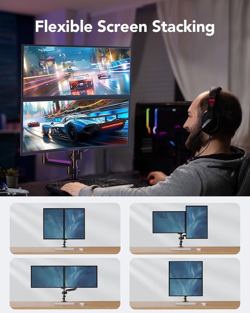 Bentifar Gas Spring Dual Monitor Stand, Holds 2 Computer Screens Up To 32 Inches And 9Kg Each, Vesa 75/100Mm, Sturdy Monitor Arm With +60° To -45° Tilt, ±180° Swivel, And Rotation, Black - Image 4