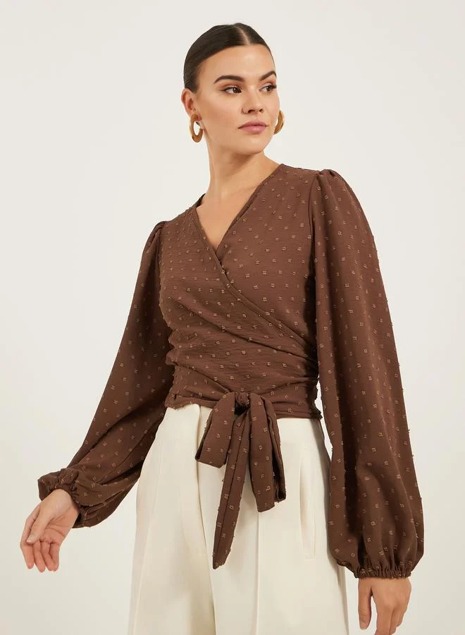 Styli Dobby Balloon Sleeve V-Neck Tie-Up Blouse
