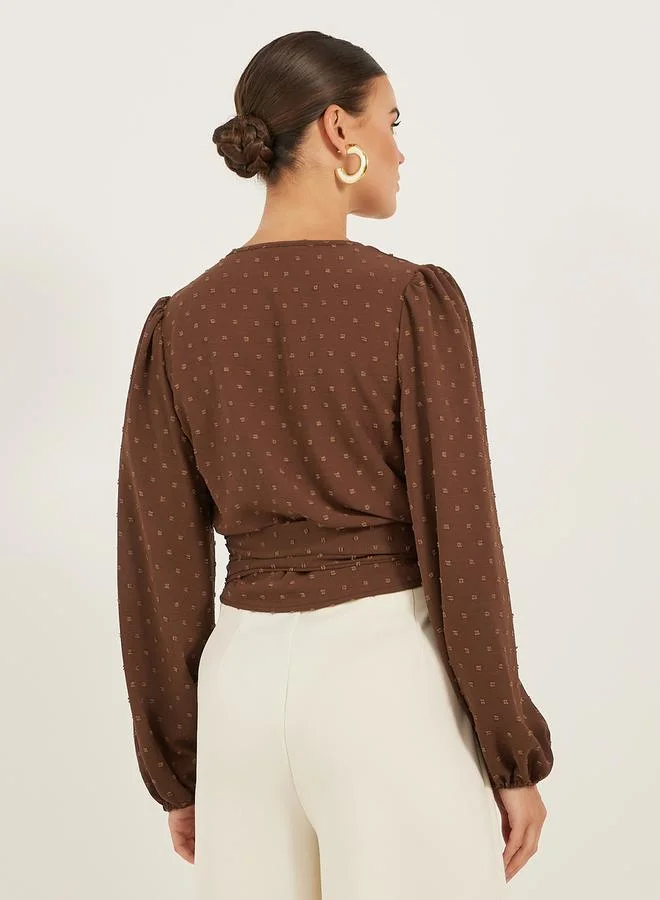 Styli Dobby Balloon Sleeve V-Neck Tie-Up Blouse