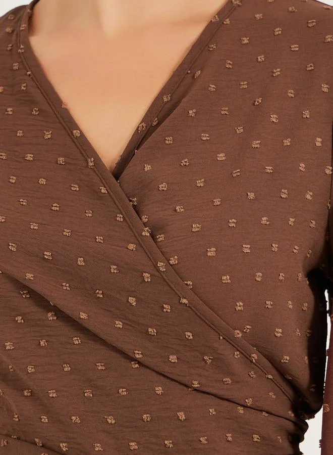 Styli Dobby Balloon Sleeve V-Neck Tie-Up Blouse