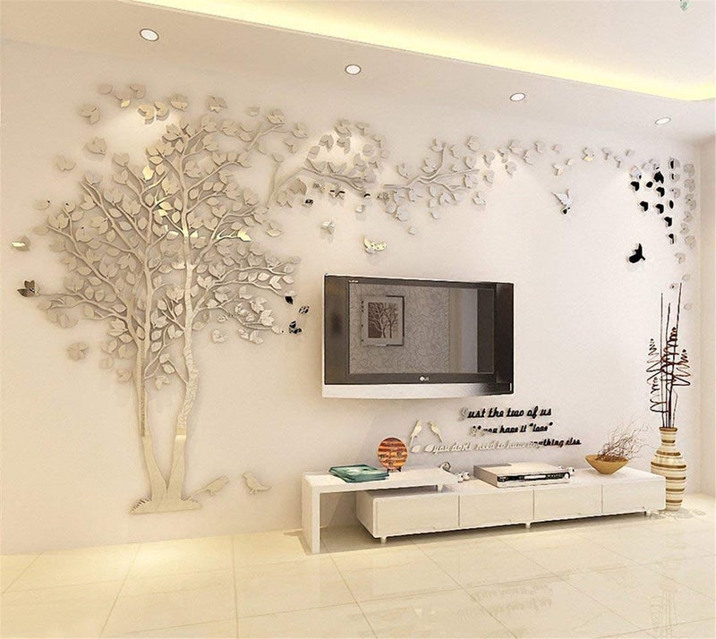 guangmu Family Tree Wall Decor Decals - DIY 3D Tree of Life Wall Art Large Decal Stickers Silver Decor Living Room Mural for Bedroom Hallway Home TV Background (Silver Left,M-98X51in) - Image 3