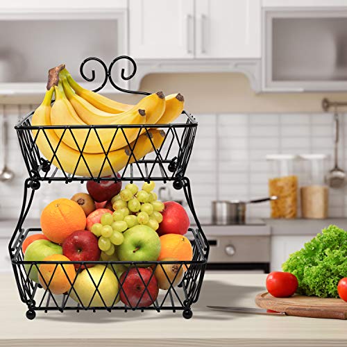 Sorbus Fruit Basket Display Stand, 2-Tier, for Vegetable, Fruit & Bread Counter Storage for Kitchen, Bathroom, Rectangular Antique Metal (Black) - Image 3