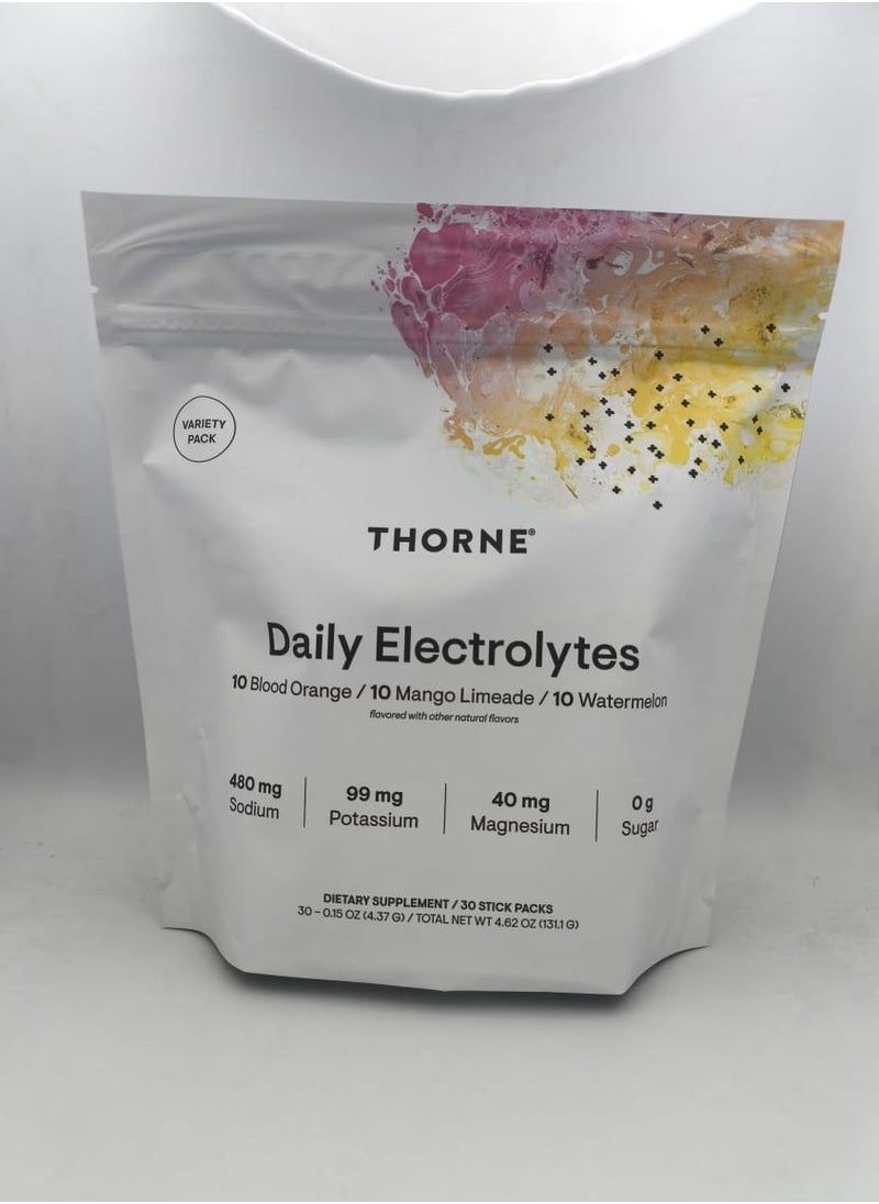 Thorne Daily Electrolytes 10 Blood Orange / 10 Mango Limeade / 10 Watermelon flavored with other natural flavors 480 mg Sodium, 99 mg Potassium, 40 mg Magnesium, 0g Sugar, DIETARY SUPPLEMENT / 30 STICK PACKS, TOTAL NET WT 4.62 OZ (131.1 G)  - Image 1