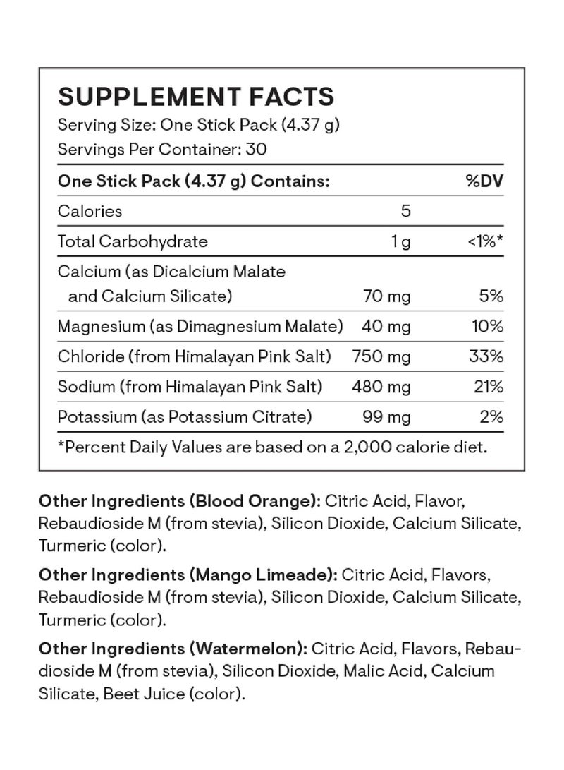 Thorne Daily Electrolytes 10 Blood Orange / 10 Mango Limeade / 10 Watermelon flavored with other natural flavors 480 mg Sodium, 99 mg Potassium, 40 mg Magnesium, 0g Sugar, DIETARY SUPPLEMENT / 30 STICK PACKS - 0.15 OZ (4.37 G) / TOTAL NET WT 4.62 OZ (131.1 G)  - Image 3